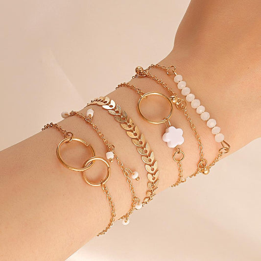 Simple geometric circle bracelet set ins flower tassel leaf circle bracelet 6-piece set