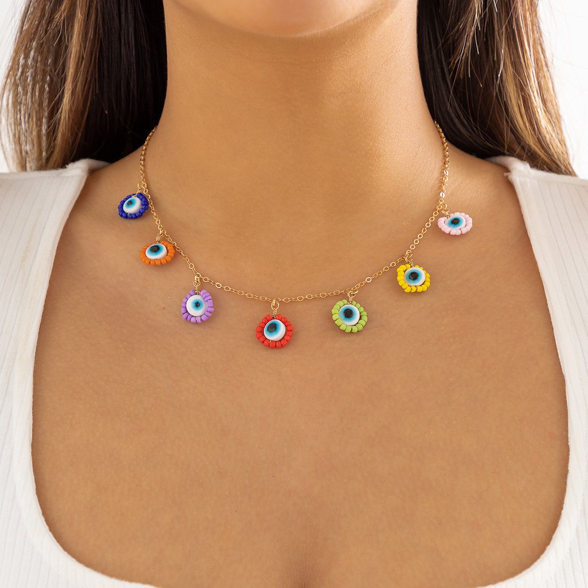 Jewelry Creative Beaded Rice Bead Tassel Eye Pendant Necklace Simple Acrylic Geometric Necklace