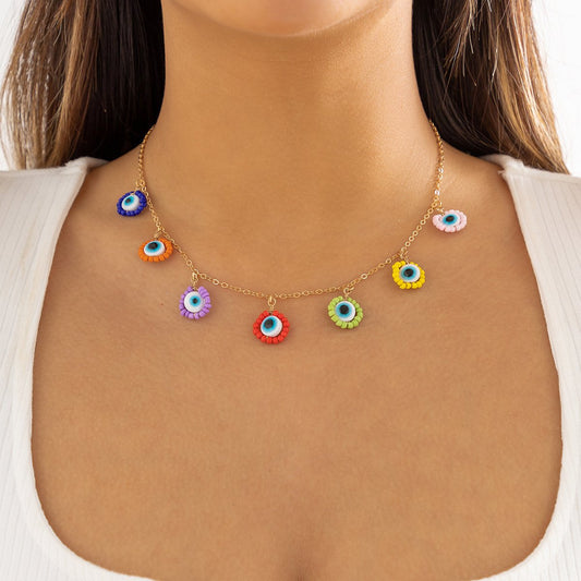 Jewelry Creative Beaded Rice Bead Tassel Eye Pendant Necklace Simple Acrylic Geometric Necklace