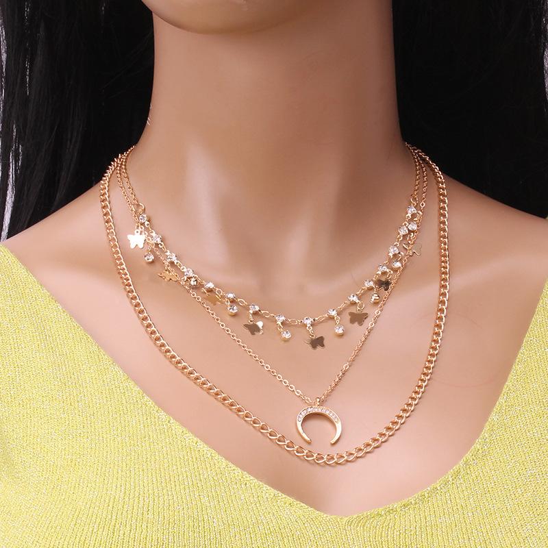 Light luxury niche design sense diamond moon necklace female butterfly belt diamond pendant clavicle chain