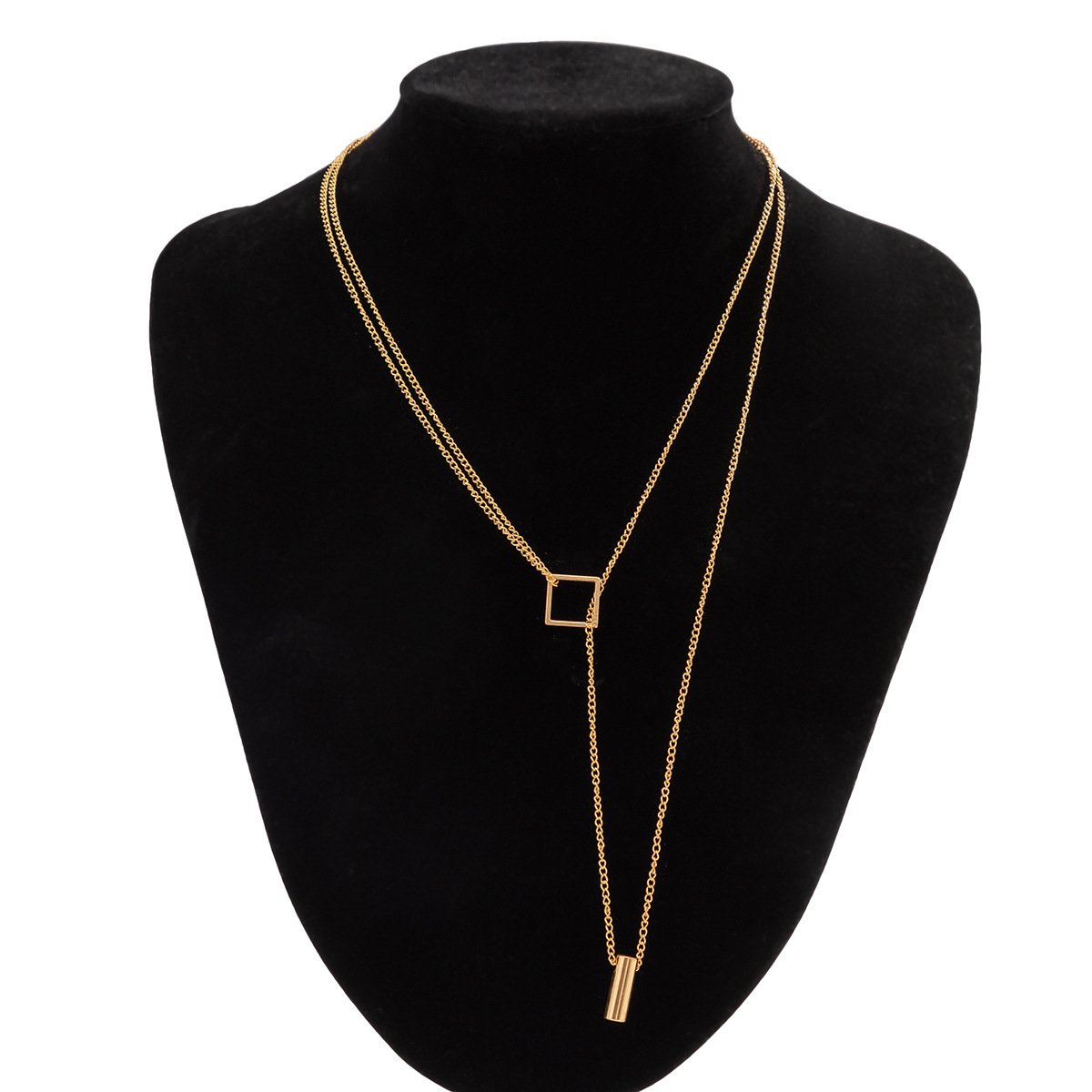 Jewelry Simple Hollow Square Alloy Pendant Necklace Female Creative Cross Geometric Double Layer Necklace