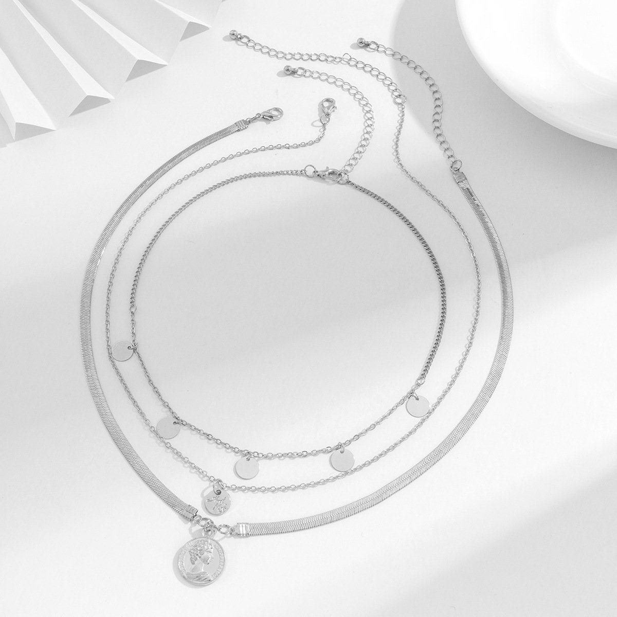 Jewelry Retro Metal Sequin Portrait Tag Necklace Hip Hop Simple Geometric Snake Bone Chain Necklace