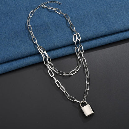 Accessories Retro Temperament Personality Geometric Pendant Necklace Double Lock Necklace