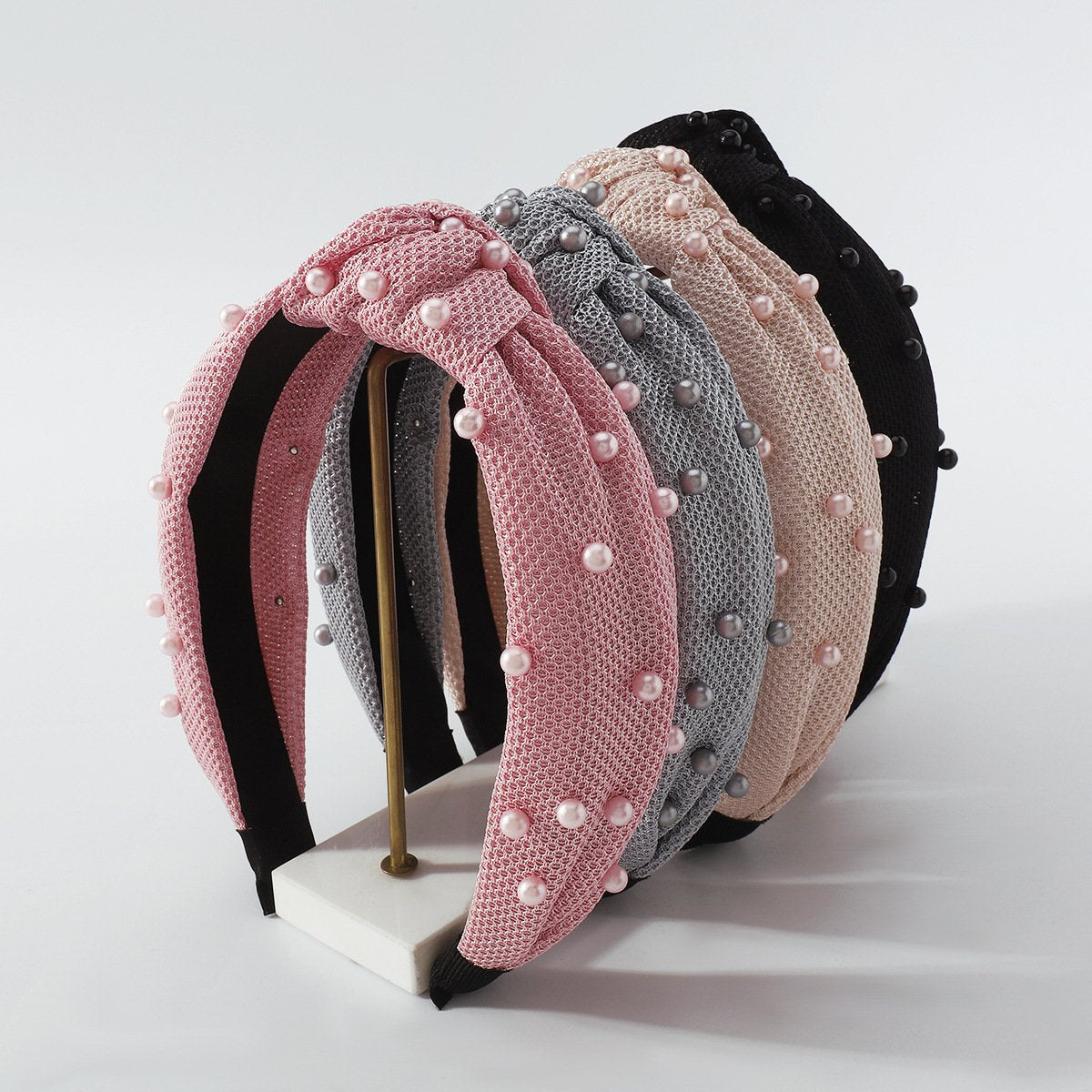 F4172 pure color sweet headband pearl knotted headband small fresh mesh lattice fabric headband