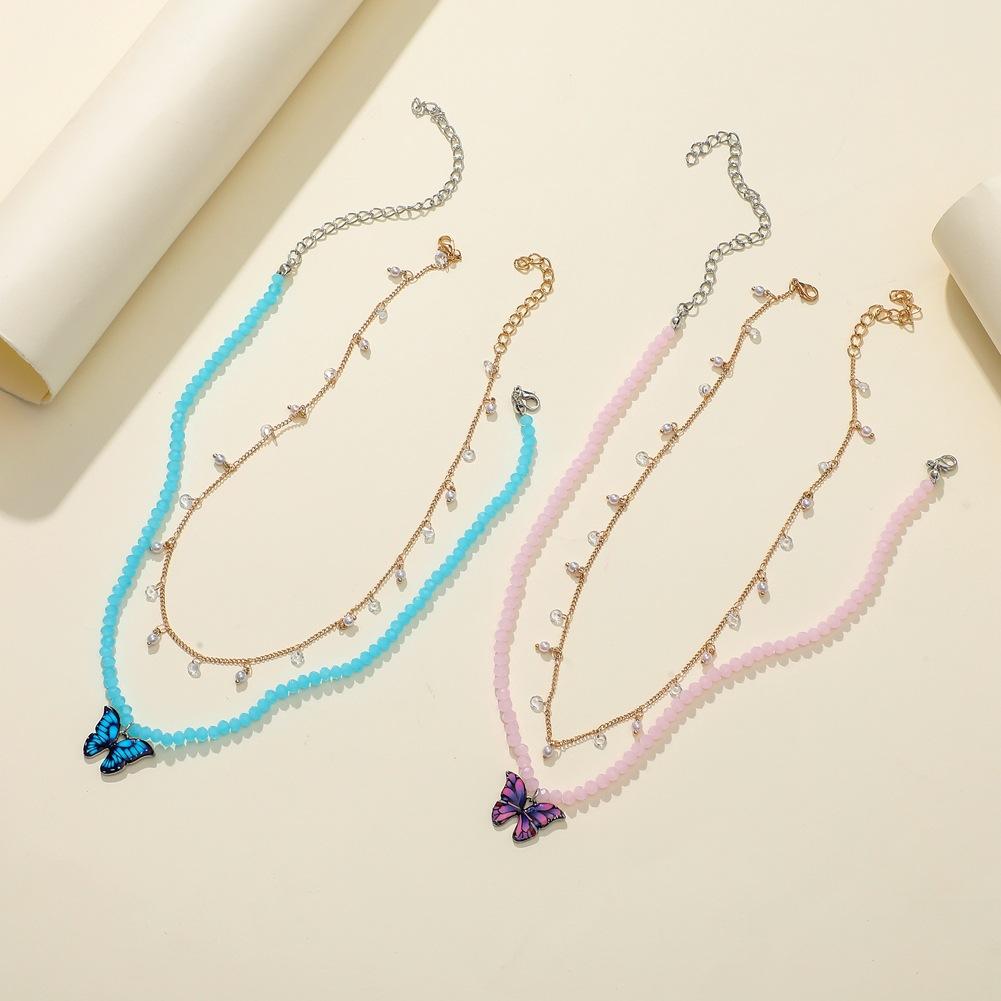 ins simple small round bead clavicle necklace fashion crystal bead glaze butterfly pendant double stacked necklace