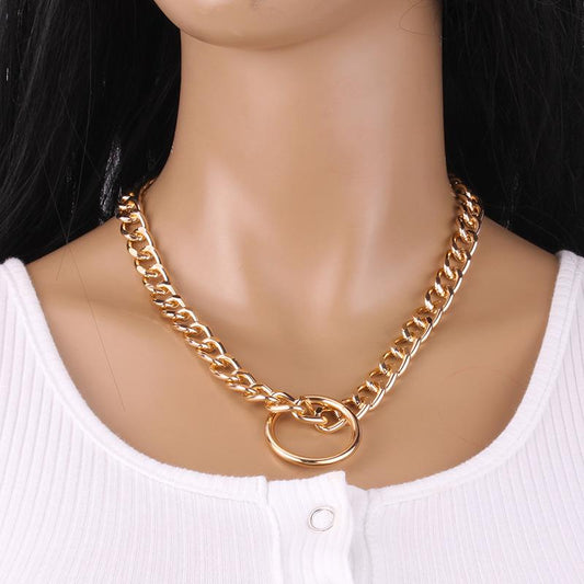 Trendy single-layer hip-hop geometric ring pendant necklace exaggerated metal thick chain necklace