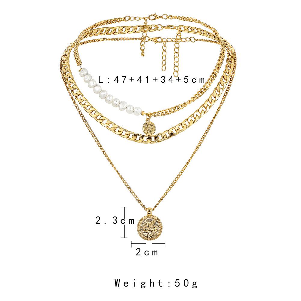 Jewelry Fashion Metal Pearl Mix and Match Three Layers Chain Necklace Hip Hop Rose Embossed Coin Pendant