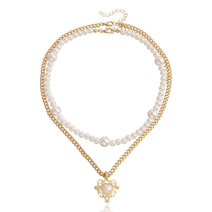 Jewelry trend double-layer imitation pearl love pendant necklace female hot girl all-match beaded necklace