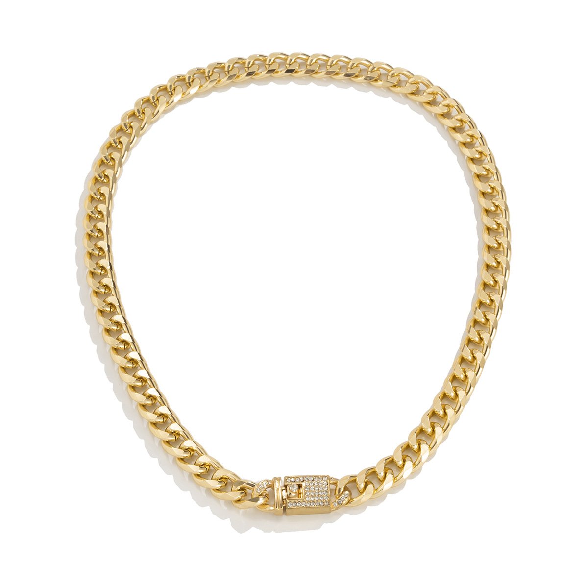 Jewelry Hip Hop Trendy Metal Chain Necklace Punk Fashion with Rhinestone Cuban Buckle Necklace