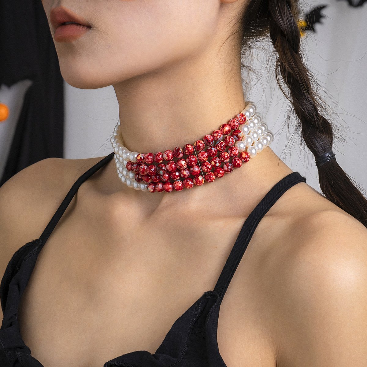 Jewelry Personality Round Beads Multilayer Necklace Women's Retro Gothic Drip Blood Tassel Imitation Pearl Necklace