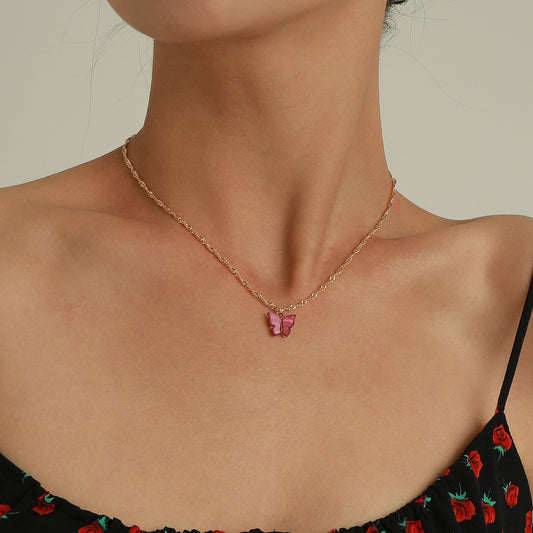Jewelry Acrylic Colorful Butterfly Pendant Necklace Ladies Geometric Simple Hemp Rope Chain Necklace