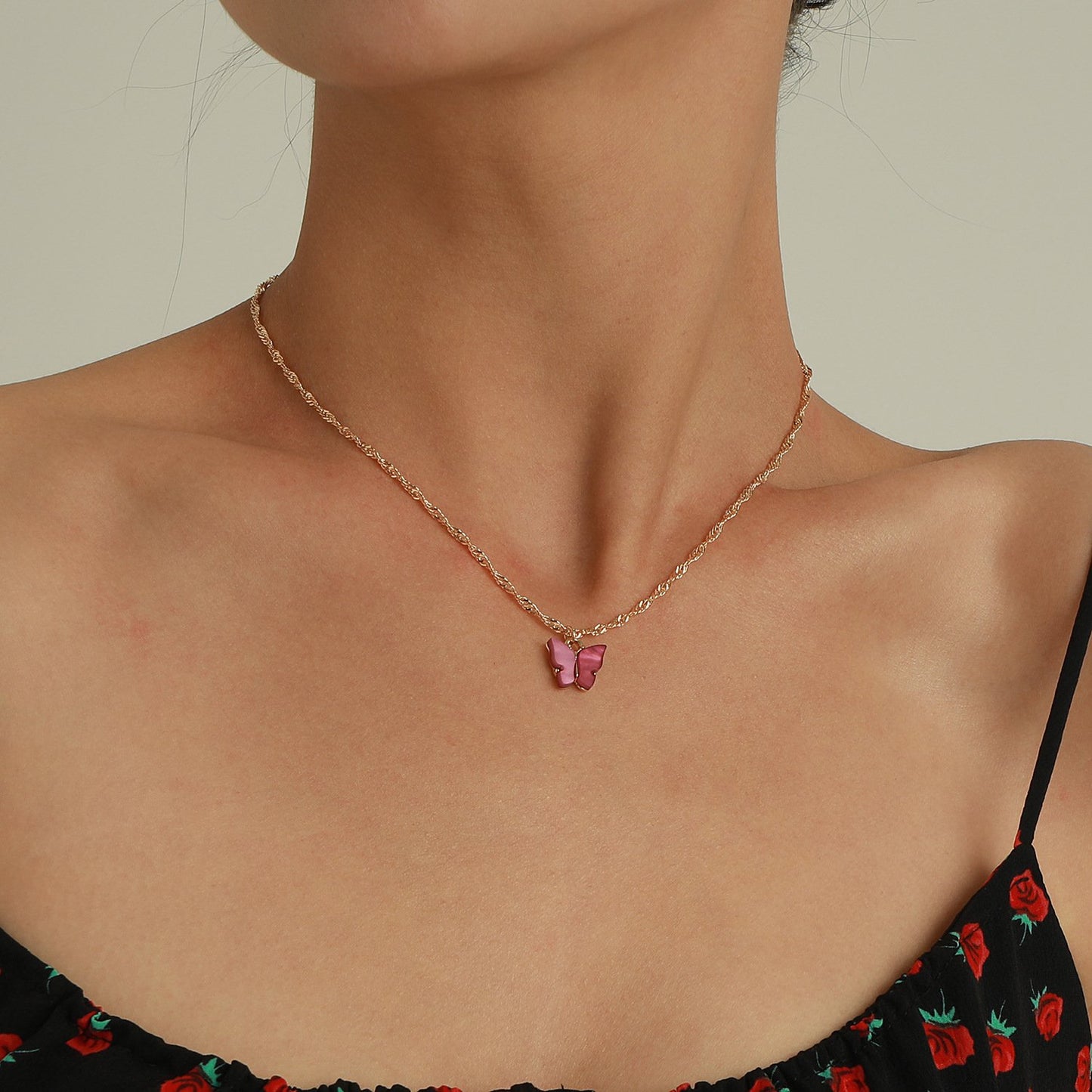 Jewelry Acrylic Colorful Butterfly Pendant Necklace Ladies Geometric Simple Hemp Rope Chain Necklace