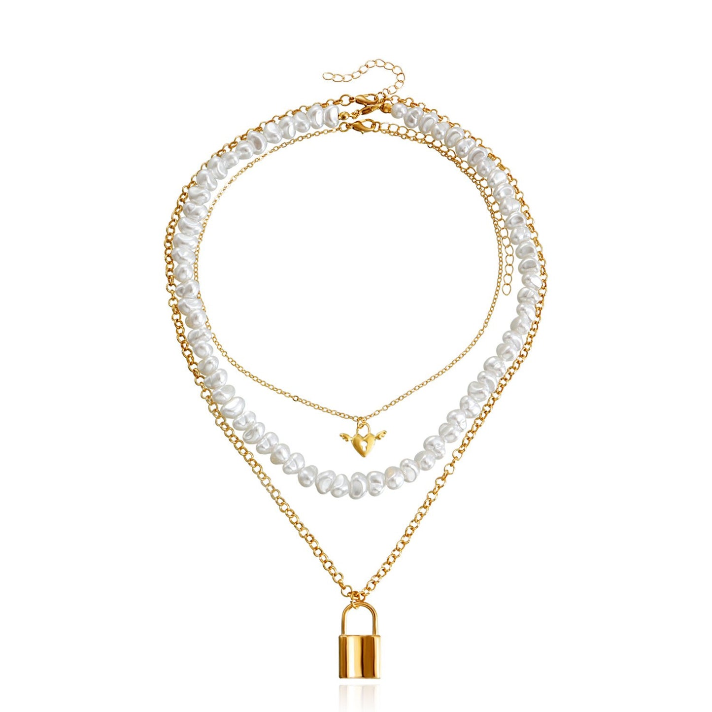 Jewelry Xiaoxiang multi-layer special-shaped highlight imitation pearl angel love padlock pendant necklace female