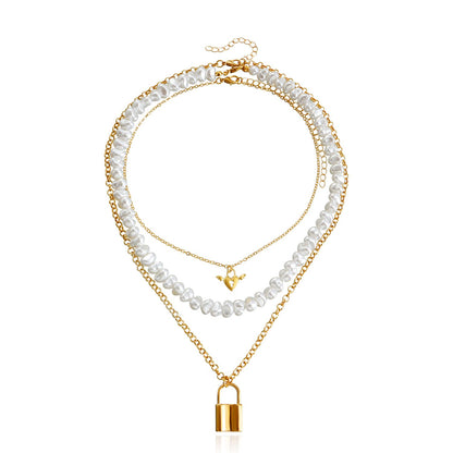 Jewelry Xiaoxiang multi-layer special-shaped highlight imitation pearl angel love padlock pendant necklace female