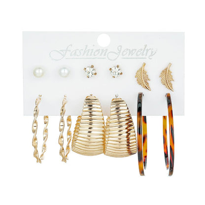 Simple trendy retro leopard print acrylic leaves C-shaped earrings beautiful earrings set for women