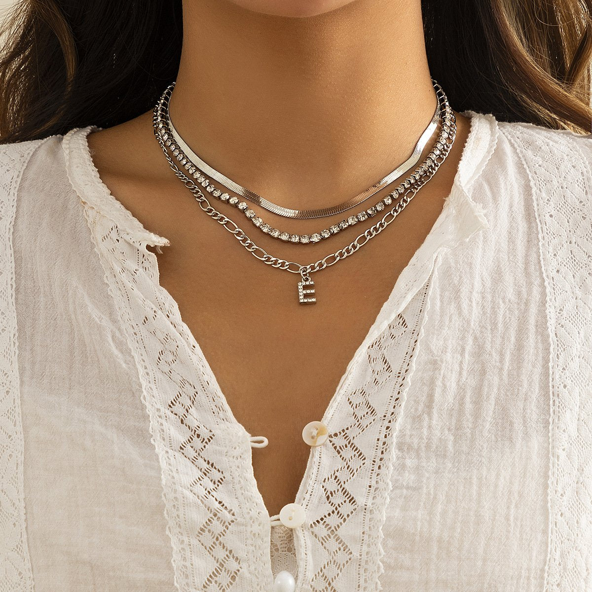Jewelry Hip Hop Diamond Letter E Pendant Necklace Female Retro Metal Snake Bone Chain Necklace