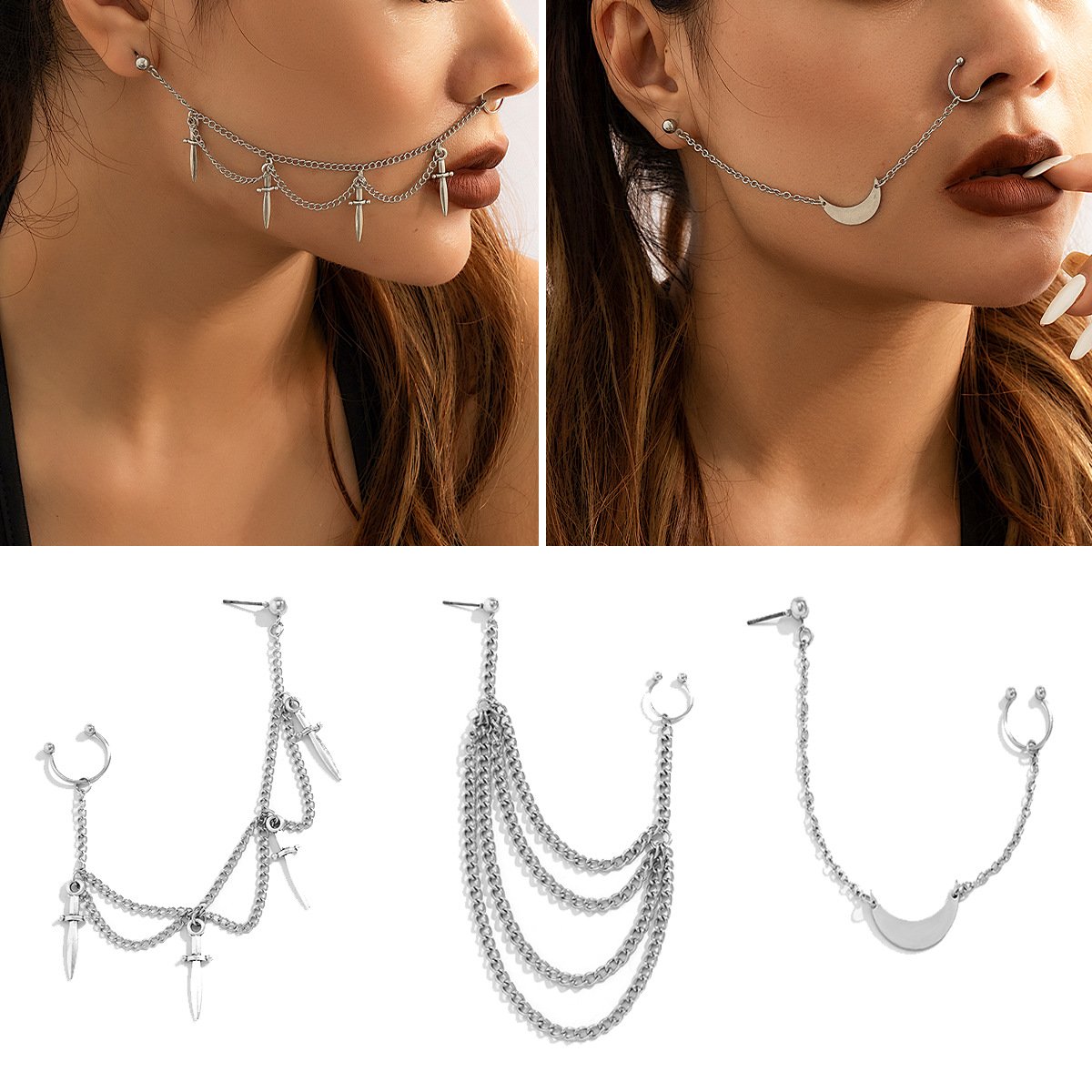 Jewelry punk punch-free iron chain tassel nose nails nose ring earrings one-piece piercing nose decoration