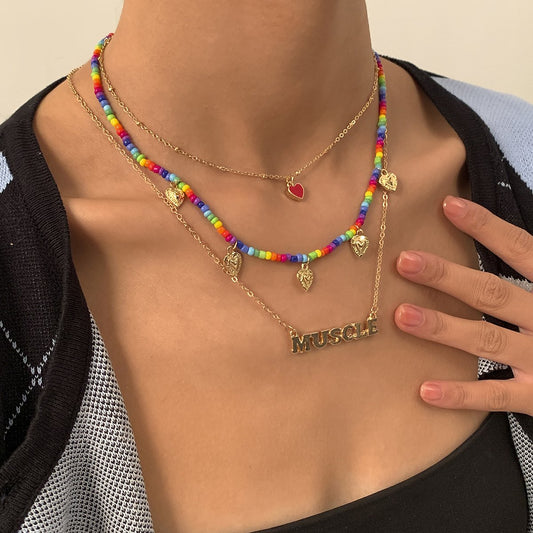 Fashion Simple Letter Peach Heart Clavicle Necklace Beach Vacation Colorful Beads Chain Necklace