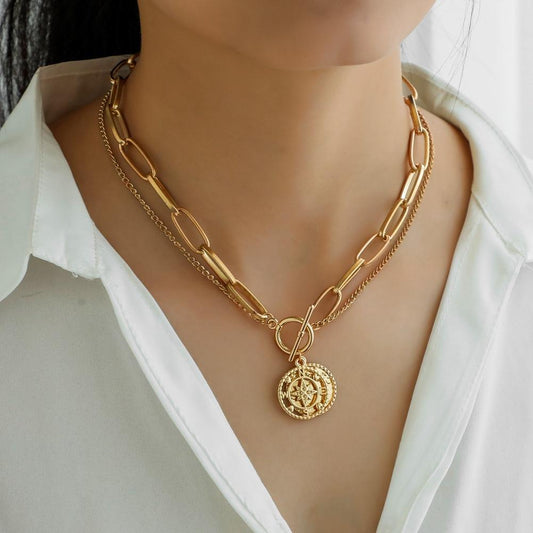 Jewelry ins creative compass nautical map pendant personalized OT buckle versatile double-layer necklace tide