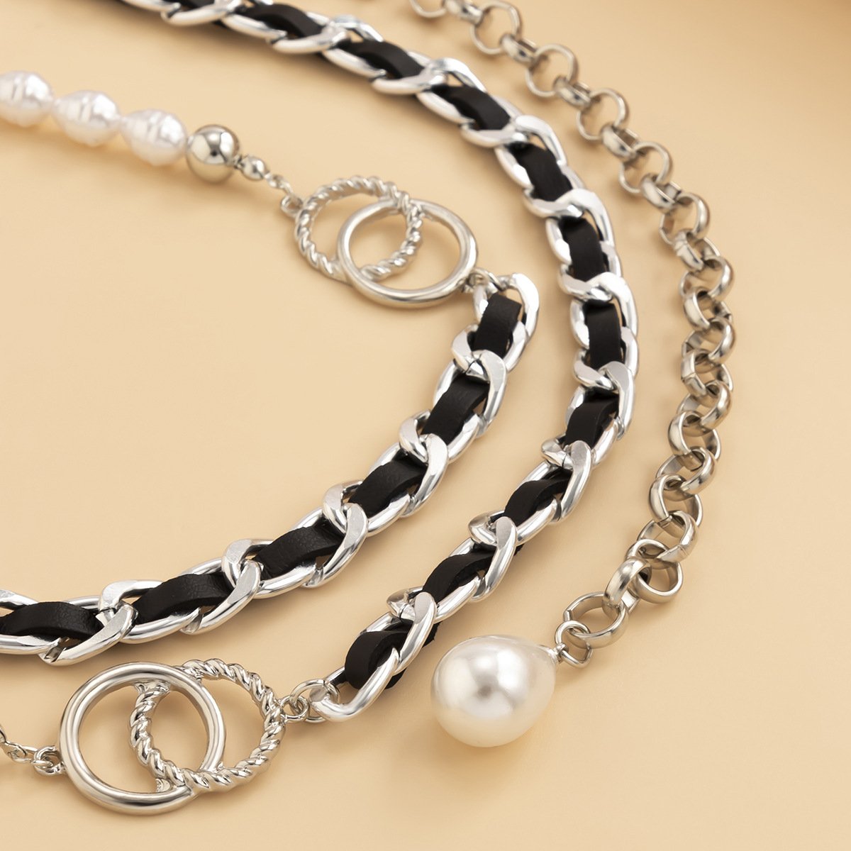 Jewelry Sexy Slim PU Winding Chain Body Chain Temperament Imitation Pearl Metal Double Ring Waist Chain