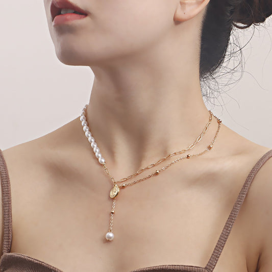 Jewelry punk imitation pearl queen head coin pendant necklace female hot girl ins niche design sense