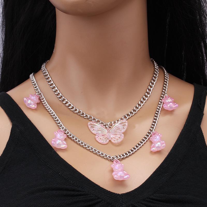 Jewelry Fashion Exaggerated Big Butterfly Clavicle Chain Female Jelly Color Cartoon Bear Pendant Necklace