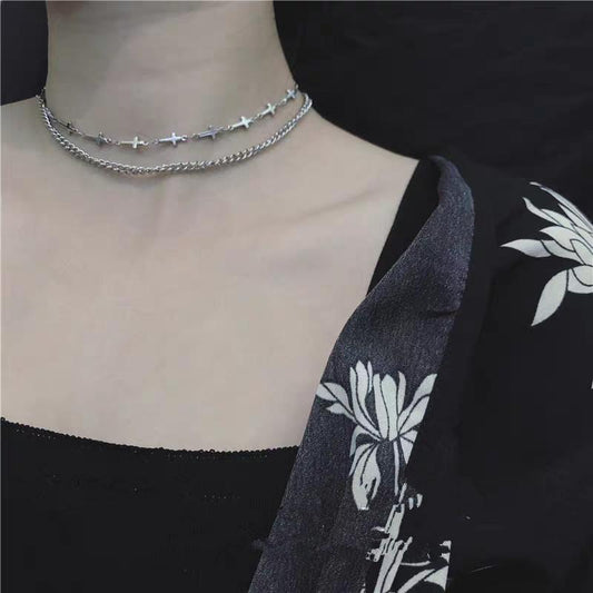 ins metal cold cross double-layer short necklace choker necklace collar collarbone chain