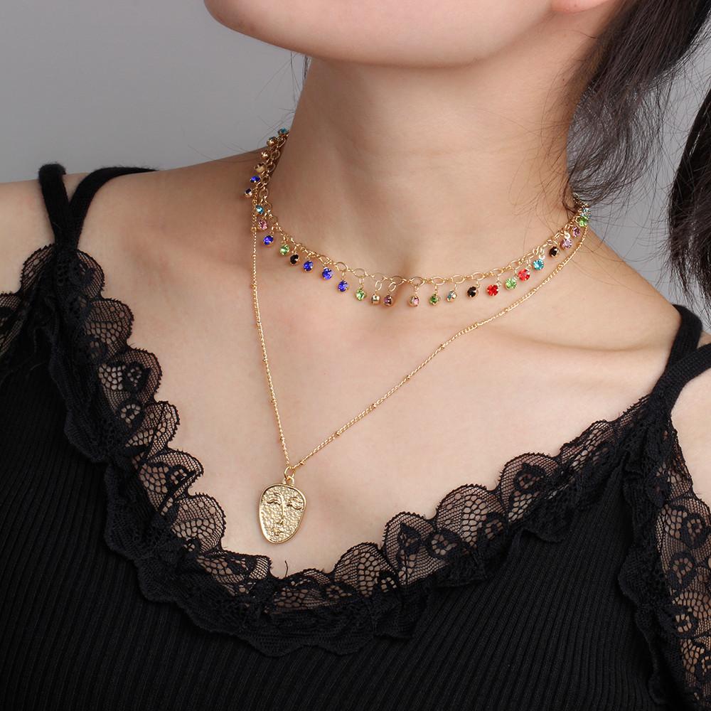 Jewelry Bohemian Creative Handmade Diamond Necklace Personality Metal Face Double Layer Necklace