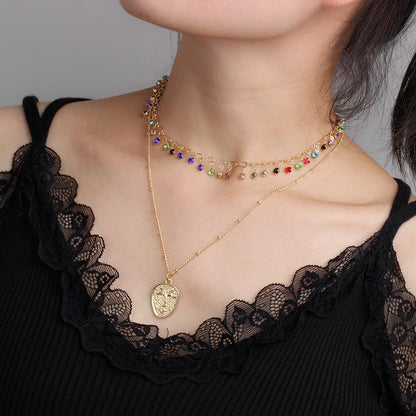 Jewelry Bohemian Creative Handmade Diamond Necklace Personality Metal Face Double Layer Necklace