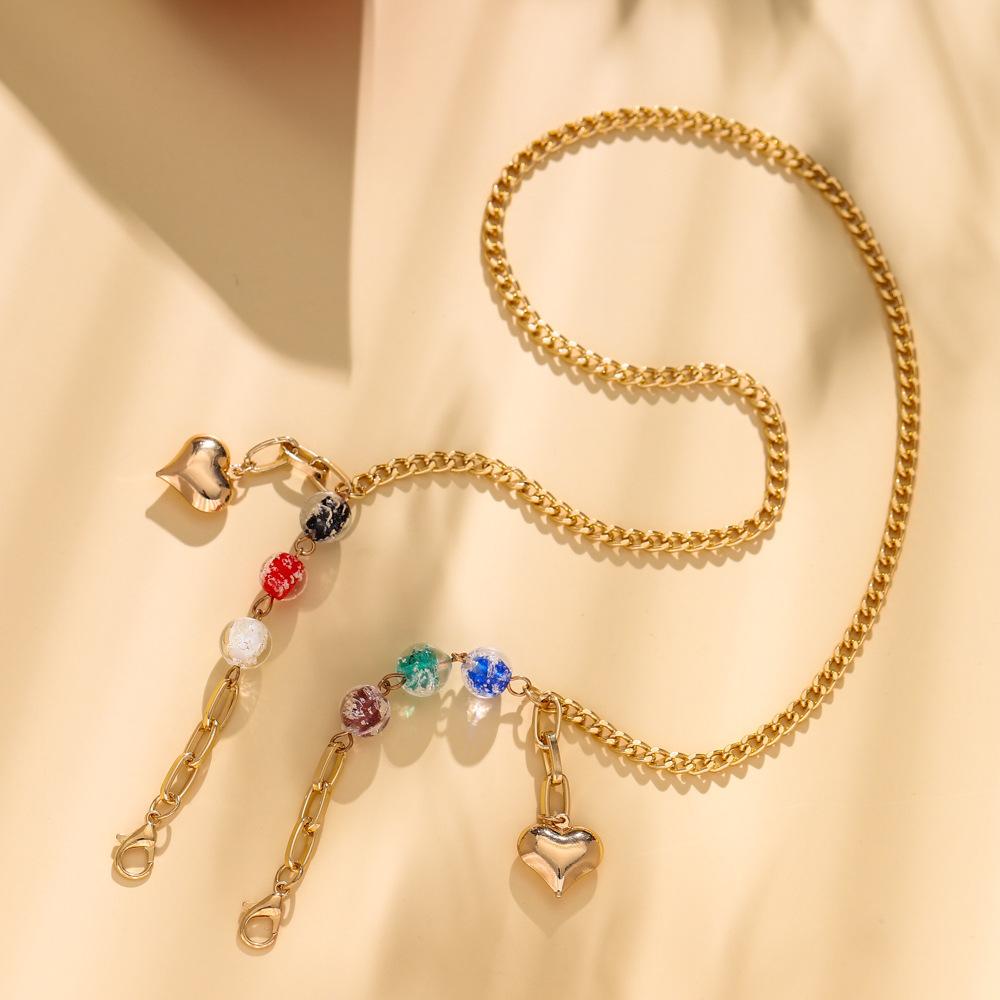 Fashion colored glaze glass beads heart-shaped mask necklace personalized colorful round beads peach heart glasses chain