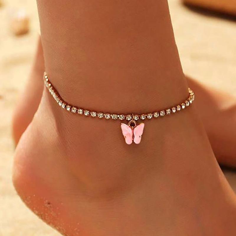 Creative shiny rhinestone anklet ins simple butterfly pendant foot decoration female trendy beach foot decoration