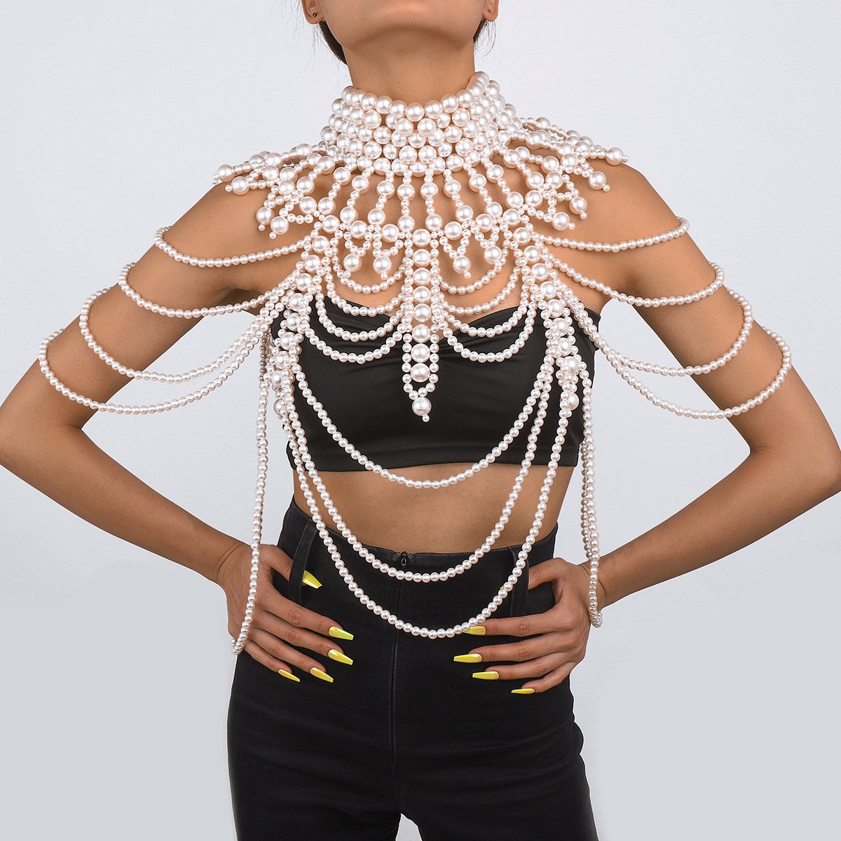 C419 Retro Exaggerated Heavy Industry Pearl Shawl Layered Tribal Hollow Weave Sexy Body Chain