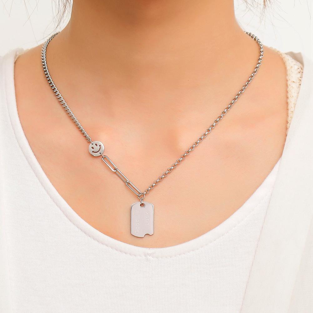 ins lucky nameplate necklace titanium steel sign collarbone sweater chain smiley coin stainless steel pendant necklace