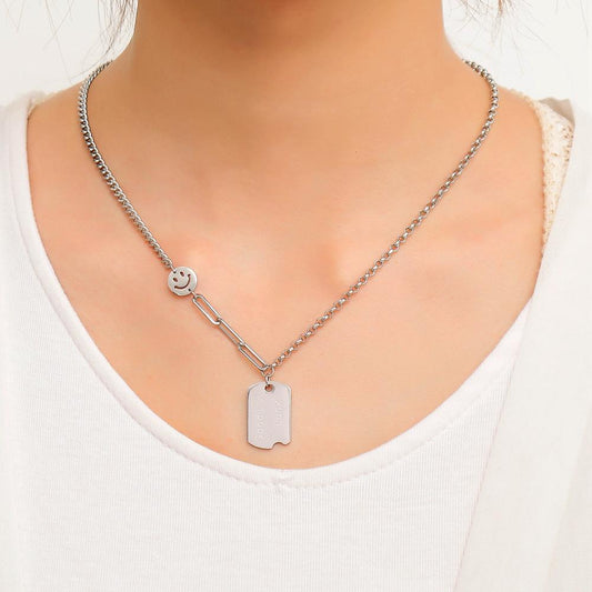 ins lucky nameplate necklace titanium steel sign collarbone sweater chain smiley coin stainless steel pendant necklace