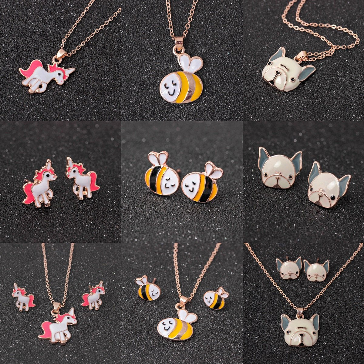Fashion Color Pony Painting Oil Necklace Set Cartoon Creative Animal Earrings Pendant Jewelry