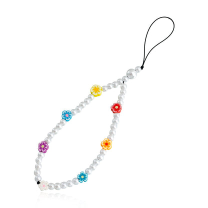 Simple flower color contrast bag lanyard accessories pastoral acrylic pearl beaded mobile phone chain lanyard