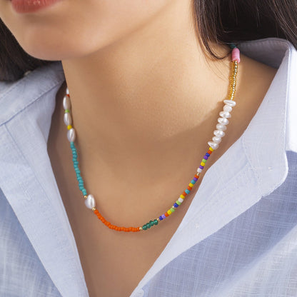 Jewelry beaded heart-shaped geometric necklace simple ethnic color special-shaped imitation pearl necklace female