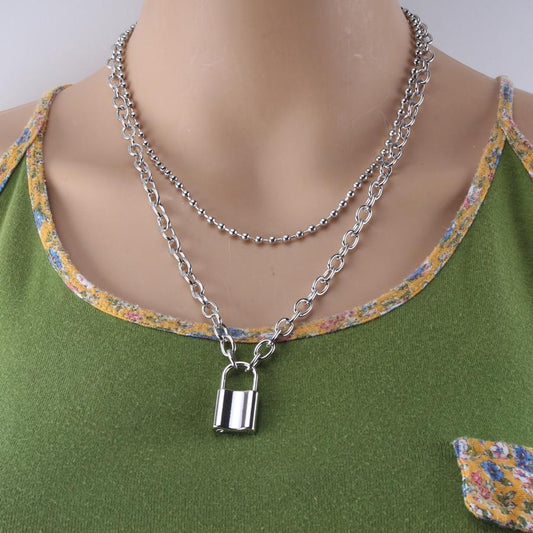 INS retro cold lock with key multi-layer necklace bead chain trendy hip-hop collarbone necklace