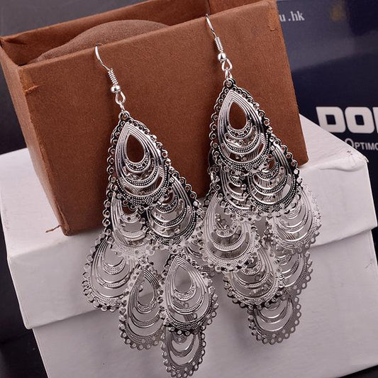 Long Hollow Out Big Water Drop Earrings Yunnan Minority Fashion Metal Earrings