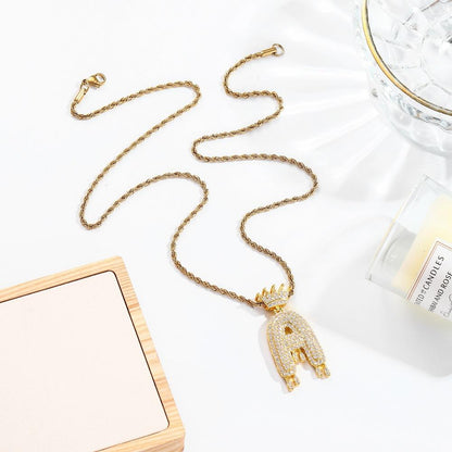 Hip-hop trend necklace copper micro-inlaid zircon 26 English letters crown full diamond pendant jewelry