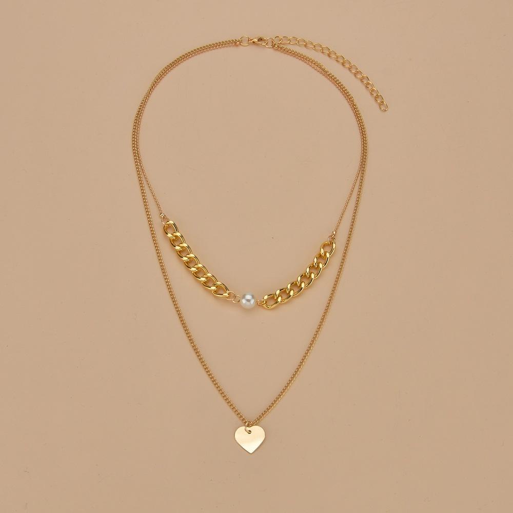 Jewelry Gold Chain Pearl Iron Piece Heart Pendant Double Layer Necklace