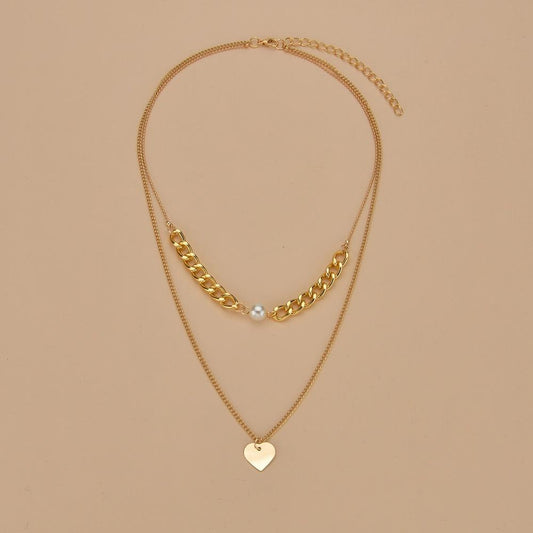 Jewelry Gold Chain Pearl Iron Piece Heart Pendant Double Layer Necklace