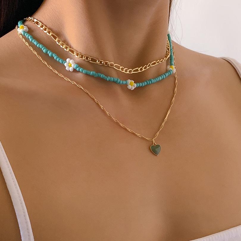 French retro painting oil heart-shaped small daisy rice bead necklace simple metal thin chain necklace female