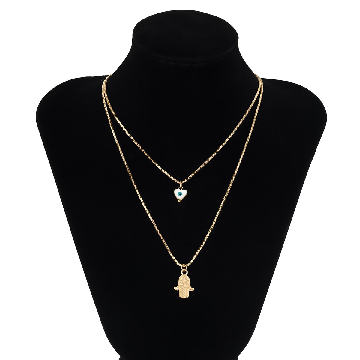 Jewelry Retro Bergamot Stacked Geometric Necklace Simple Double-layer Box Chain Peach Heart Eye Necklace