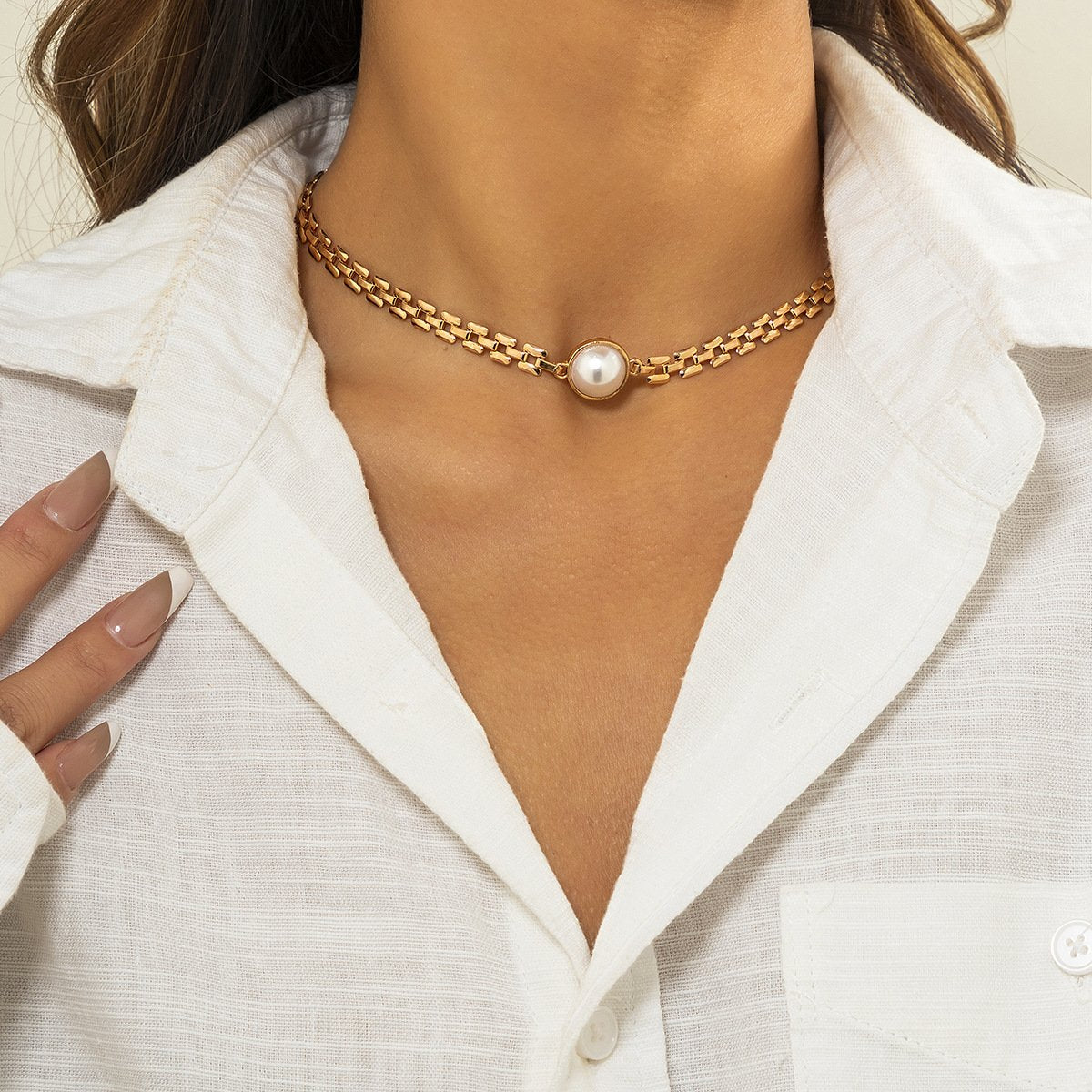 Jewelry Metal Texture Watch Chain Necklace Hip Hop Retro Inlaid Pearl Chain Clavicle Necklace