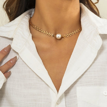 Jewelry Metal Texture Watch Chain Necklace Hip Hop Retro Inlaid Pearl Chain Clavicle Necklace