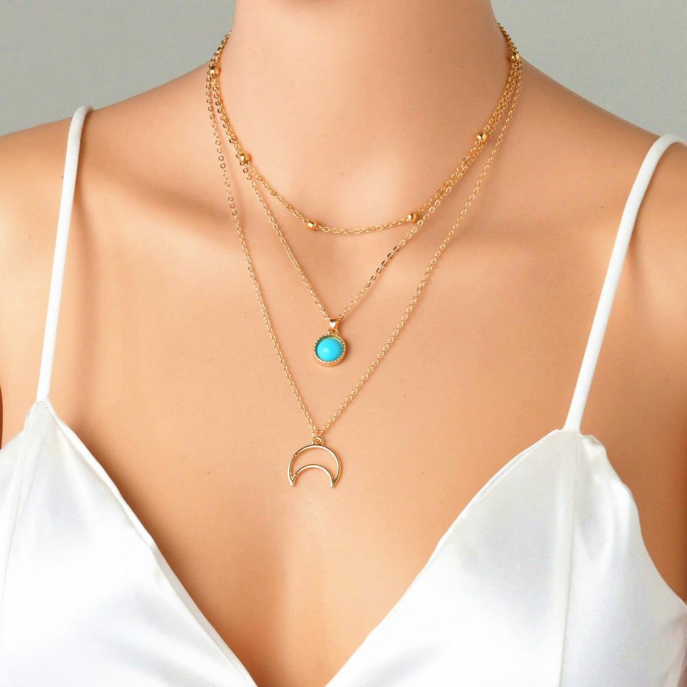 Fashion Moon Pendant Necklace Vintage Multilayer Chain Clavicle Chain Necklace Ladies Accessories