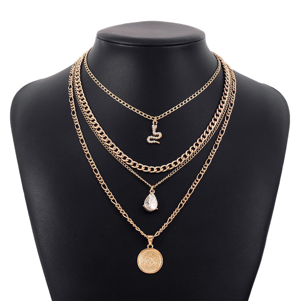 N168 punk snake-shaped stacked necklace disc LOVE water drop diamond personality retro multi-layer necklace