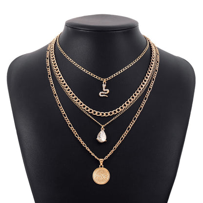 N168 punk snake-shaped stacked necklace disc LOVE water drop diamond personality retro multi-layer necklace