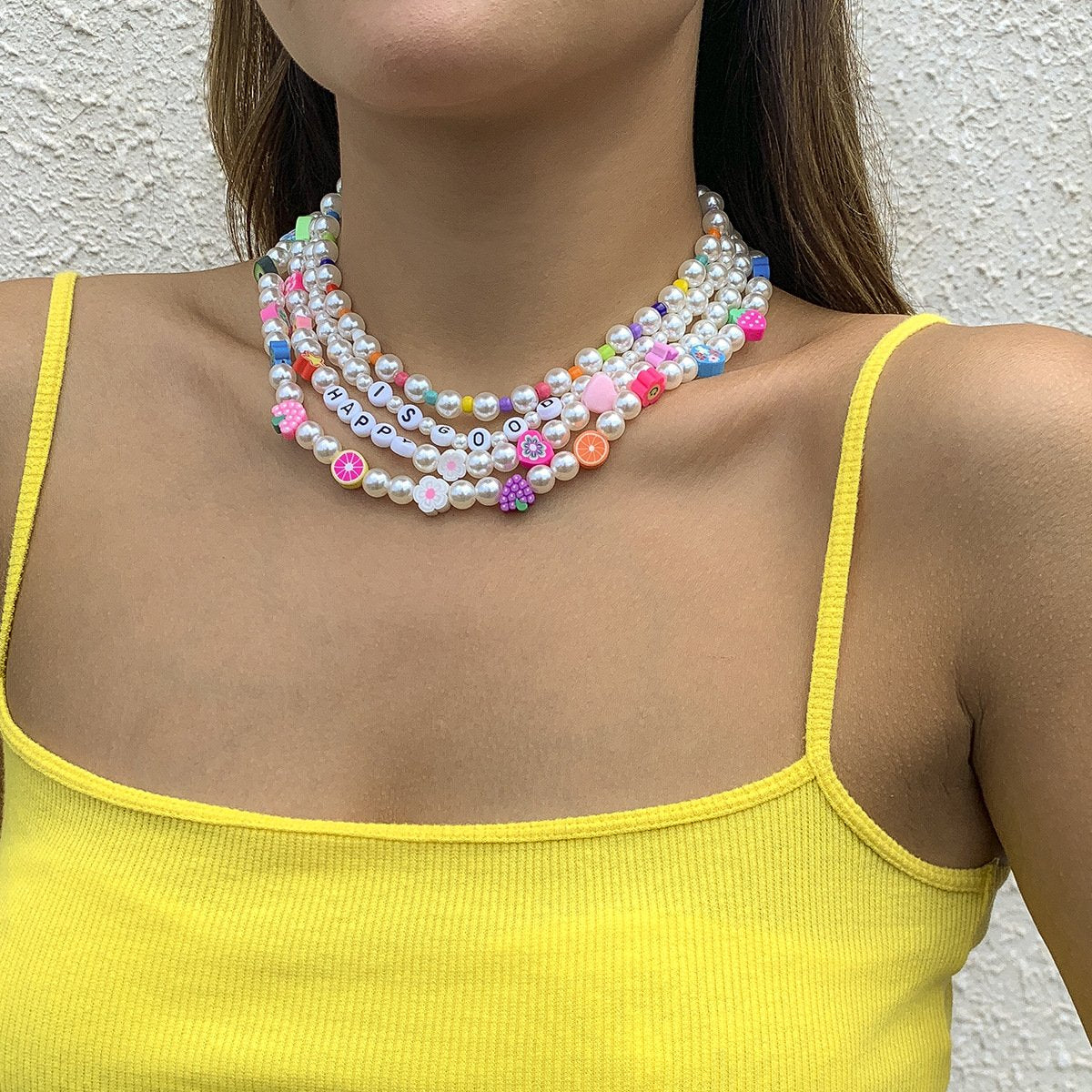 Jewelry simple fruit flower weaving mix and match necklace temperament imitation pearl multi-layer clavicle necklace